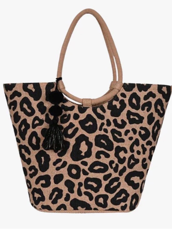 America & Beyond Handbags - America & Beyond Leopard Jute Tote Bag With Tassel beach vacation travel cruise